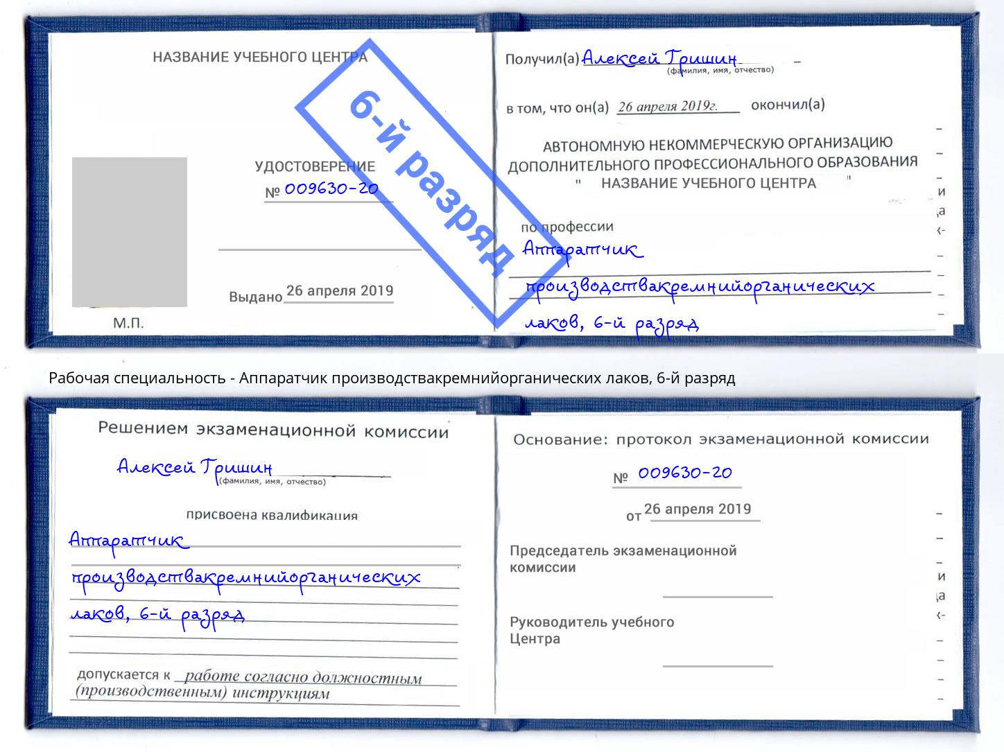 корочка 6-й разряд Аппаратчик производствакремнийорганических лаков Можайск