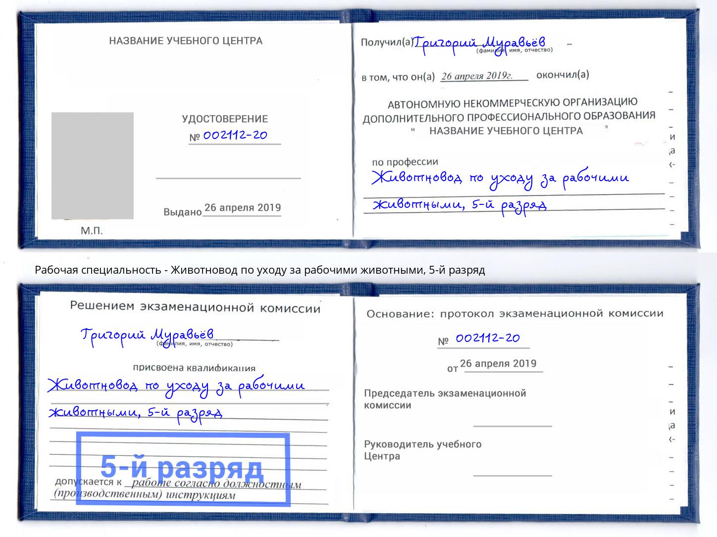корочка 5-й разряд Животновод по уходу за рабочими животными Можайск