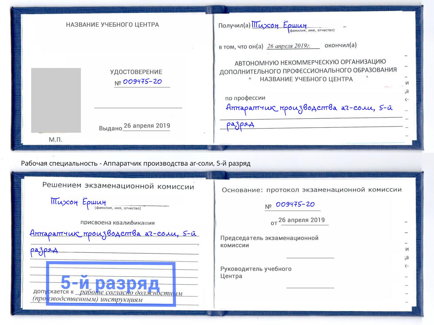 корочка 5-й разряд Аппаратчик производства аг-соли Можайск